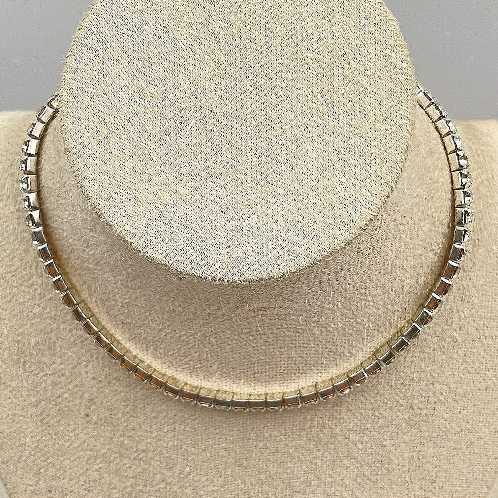 Vintage Claire's Bridal Tennis Choker Necklace Silver Tone Rhinestone Adjustable